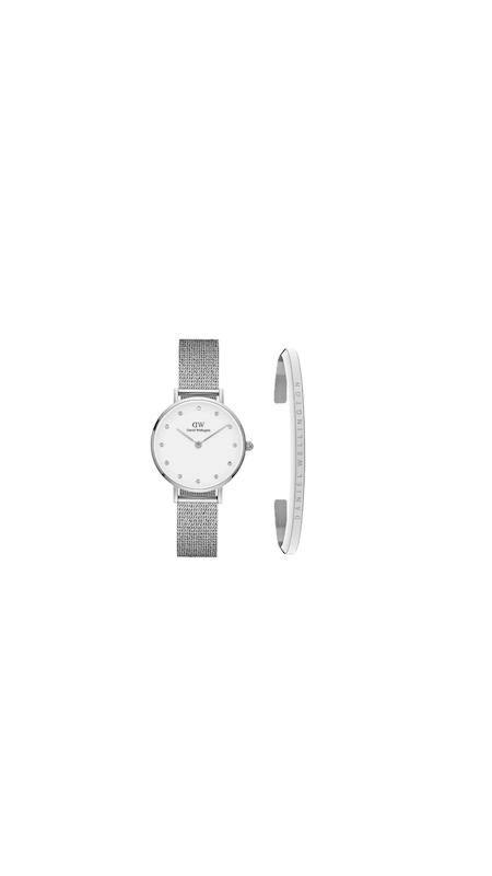 ست ساعت دنیل ولینگتون حصیری زنانه نقره ای صفحه سفید اندکس نگین  با دستبند Daniel Wellington Silver