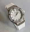 ساعت هابلوت دورنگین زنانه نقره ای بند سفید Hublot Diamonds silver