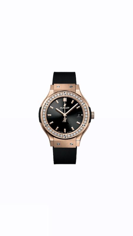 ساعت هابلوت دورنگین زنانه رزگلد بند مشکی Hublot Diamonds Rosegold