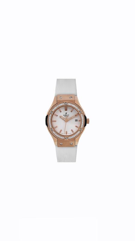 ساعت هابلوت دورنگین زنانه رزگلد بند سفید Hublot Diamonds Rosegold