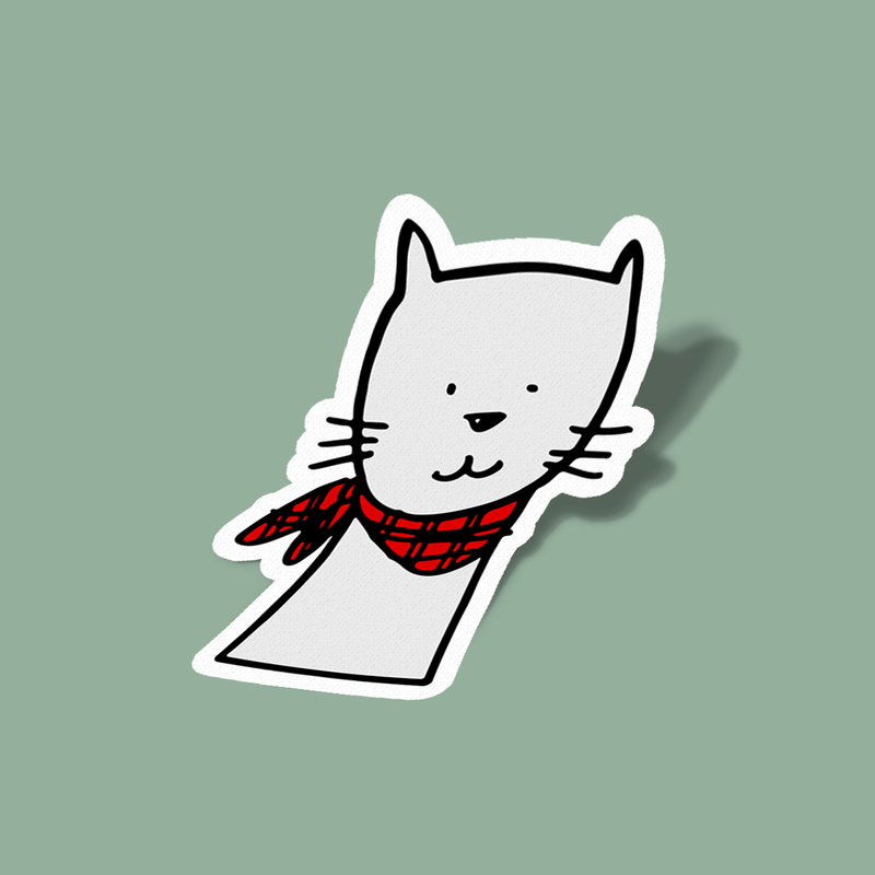 استیکر White cat with red scarf