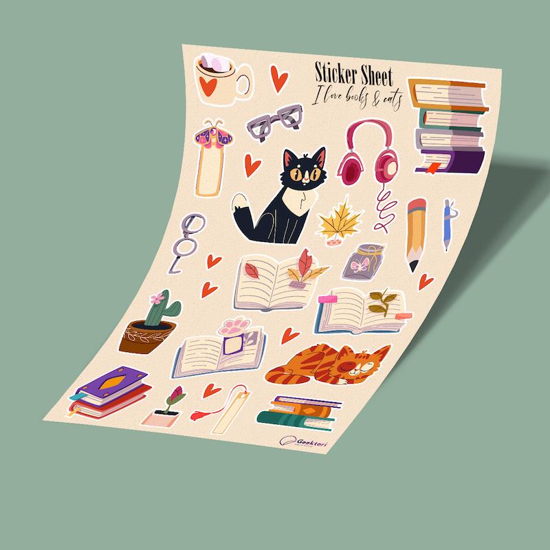 استیکر شیت i love books & cats