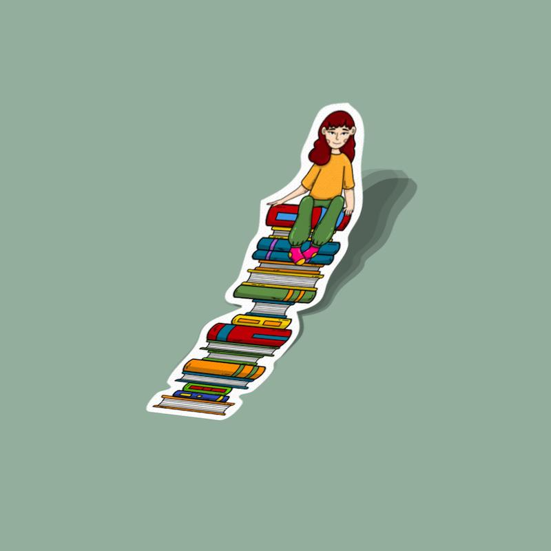 استیکر دختر روی پشته‌ی کتاب