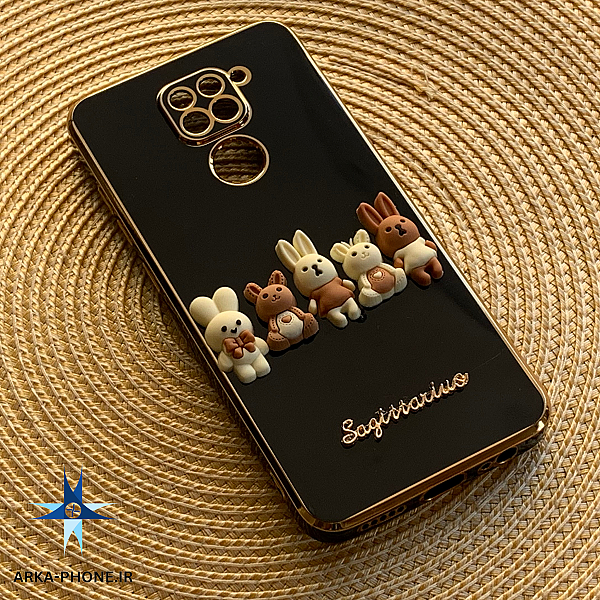 قاب گوشی Redmi Note 9 شیائومی طرح ژله ای مای کیس خانواده خرگوشی گلد لاین دور طلایی محافظ لنز دار فانتزی مشکی