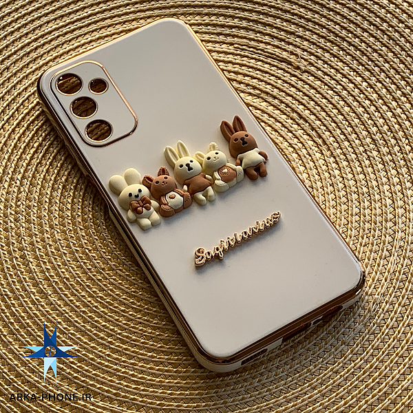 قاب گوشی Galaxy A14 سامسونگ طرح ژله ای مای کیس خانواده خرگوشی گلد لاین دور طلایی محافظ لنز دار فانتزی سفید
