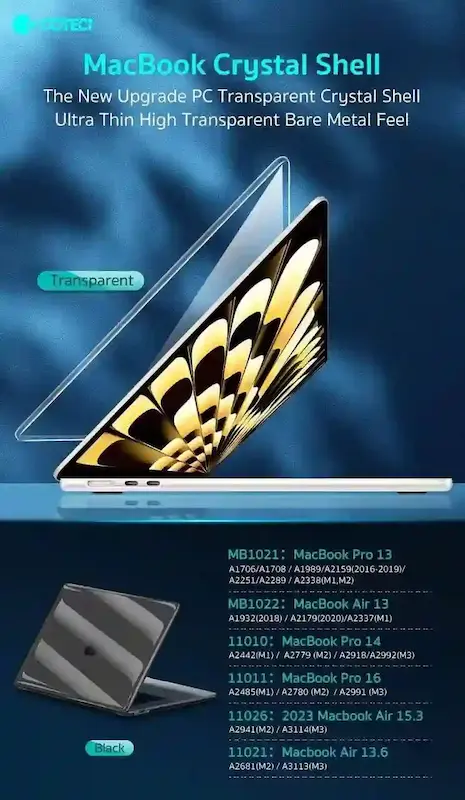 کاور مک بوک شفاف کریستالی برندcotetci مناسب مک بوک ایر سایز 13 اینچ(mc6-54/mc6-A4/mc6-T4/mw-123)m4-2025