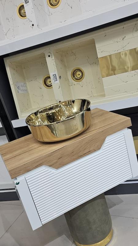 روشویی کابینتی PVC مدل استون سفید همراه کاسه طلایی و آینه و باکس سفید