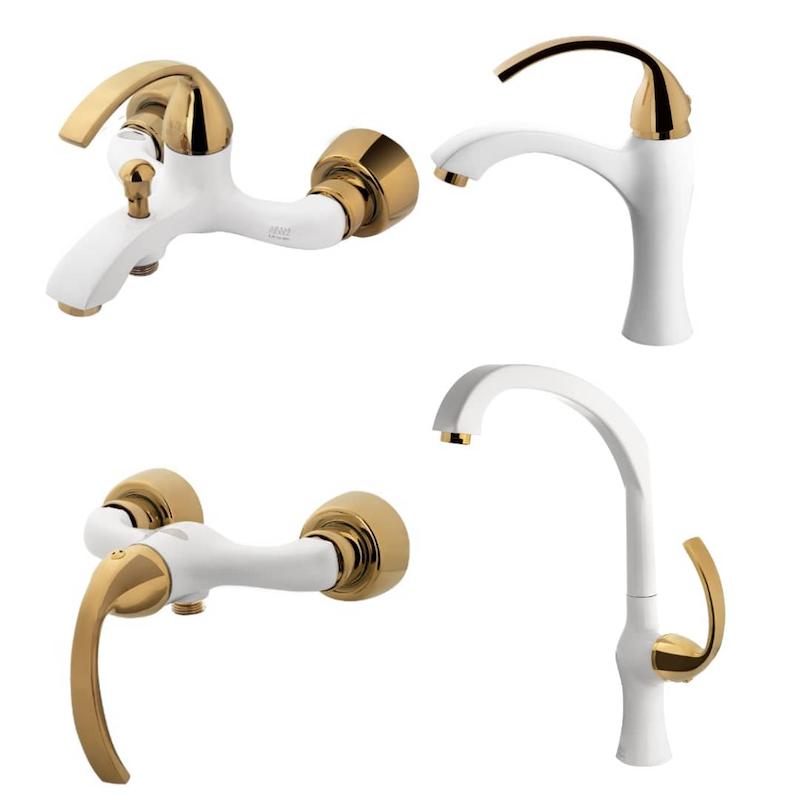 ست کامل شیرآلات مدل رومئو سفید طلایی 