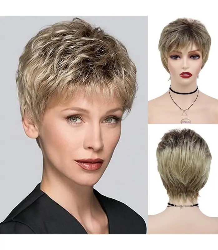 کلاه گیس (پوستیژ) زنانه پیکسی کوتاه آمبره بلوند چتری دار Ombre Blonde Wig                                                                                                                                                                                                                                                                                                                                                                                                                                                  