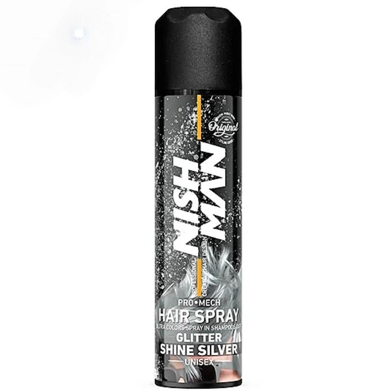 اسپری رنگ مو نیشمن Nishman مدل PRO.MECH رنگ Glitter shine silver نقره ای شاین براق حجم 150 میلی لیتر