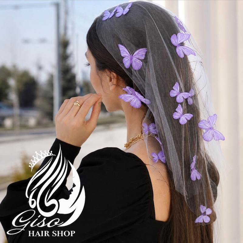 اسکارف‌ تلی تور پروانه ای یاسی با زمینه تور سفید