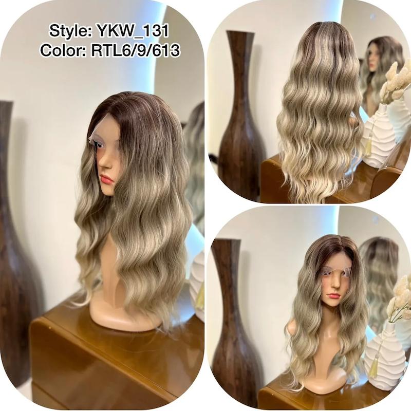 کلاه گیس‌ حالت دار بلند زنانه فرق متحرک تور پوستی آمبره خرمایی بلوند