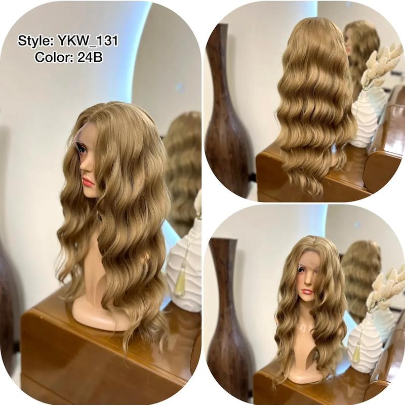 کلاه گیس‌ فر روسی S بلند زنانه فرق متحرک تور پوستی عسلی روشن