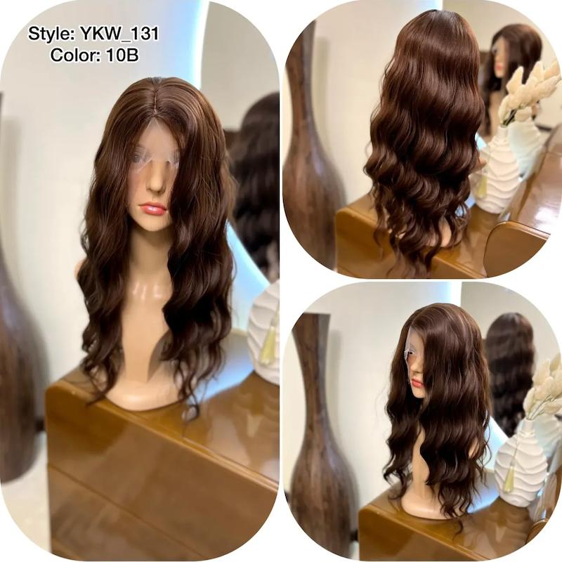 کلاه گیس‌ حالت دار بلند زنانه فرق متحرک تور پوستی شکلاتی