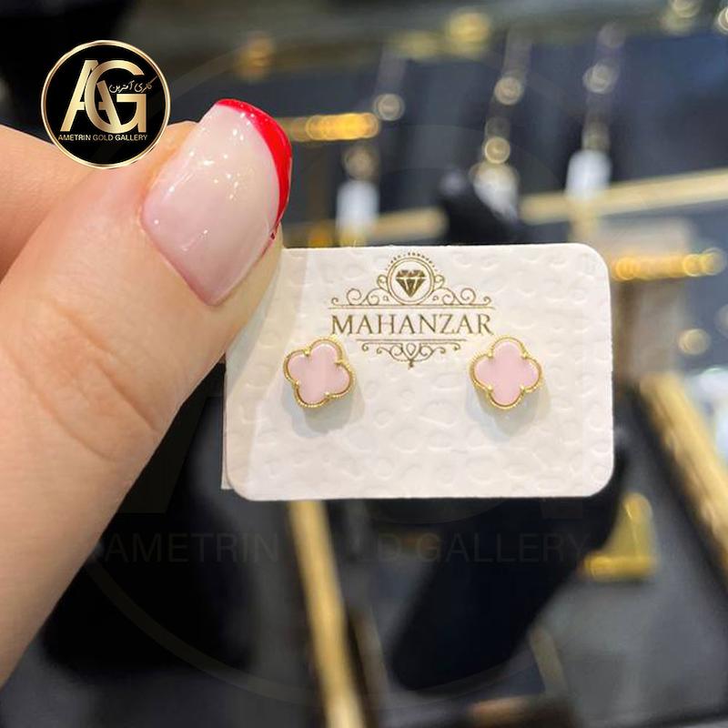 گوشواره زنانه طلا ۱۸ عیار گوشواره ونکیلیف صورتی گالری آمترین