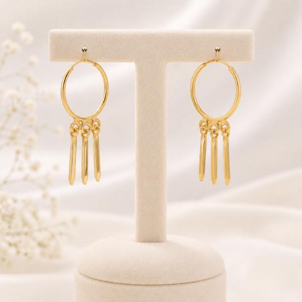 گوشواره زنانه طلا ۱۸ عیار گوشواره حلقه ای آویزدار ۳ تایی طلای لوتوس