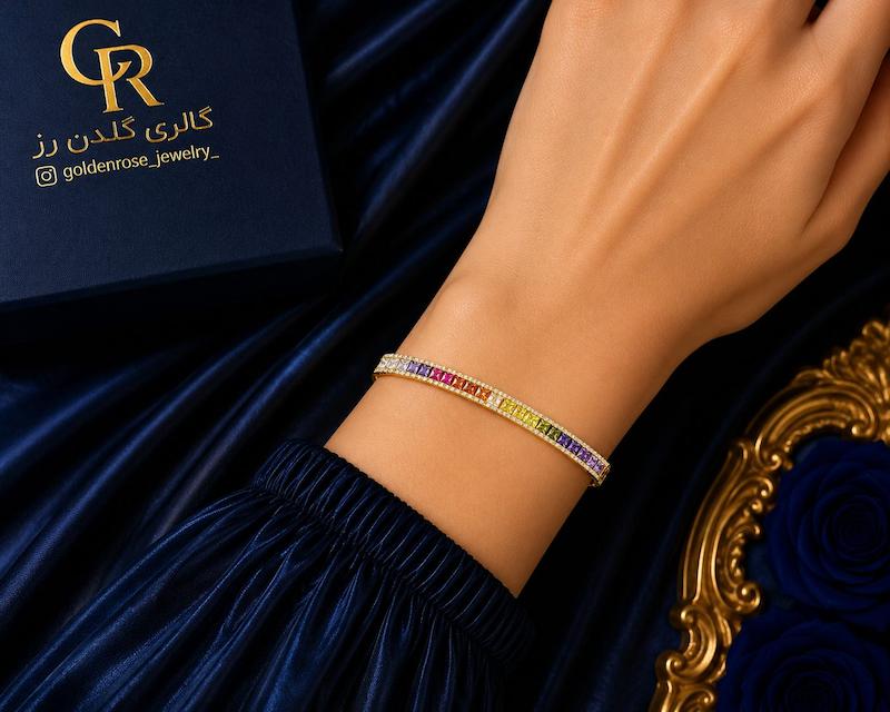 دستبند زنانه طلا ۱۸ عیار تنیسی رنگی گالری گلدن رز