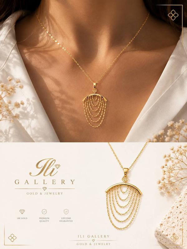 گردنبند زنانه طلا ۱۸ عیار گردنبند طرح آویز آبشاری زنجیری ایلی گالری