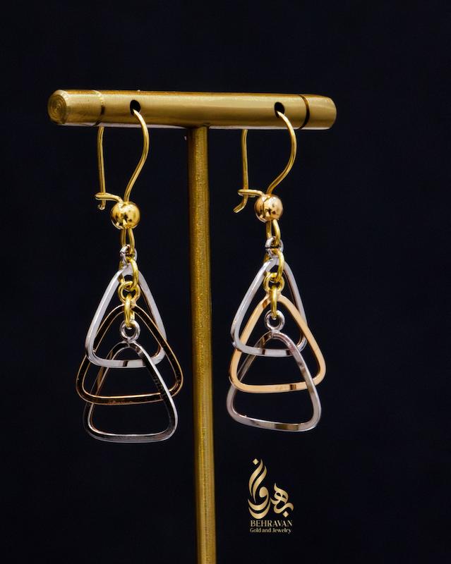 گوشواره طلا ۱۸ عیار مثلث دو رنگ گالری طلای بهروان