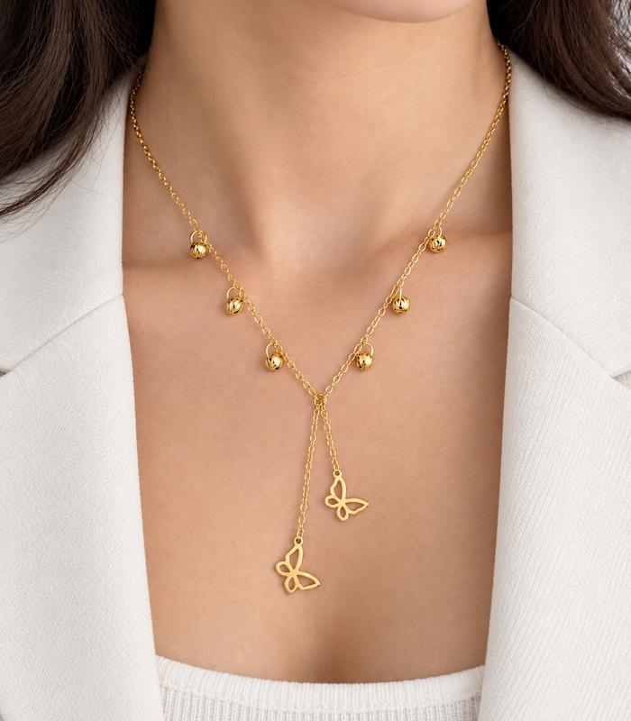 گردنبند زنانه طلا ۱۸ عیار گردنبند شرابه ای پروانه گالری طلای الهه