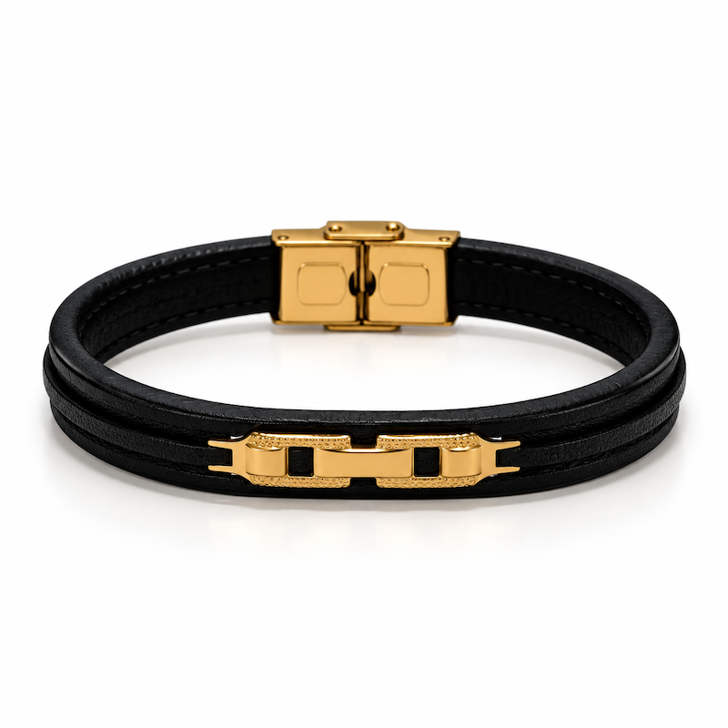 دستبند طلا ۱۸ عیار دستبند چرم مشکی و طرح کمربندی گالری زرنوش
