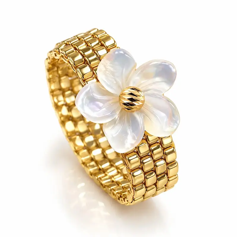 انگشتر زنانه طلا ۱۸ عیار انگشتر رولکس و گل مرواریدی ایلی گالری