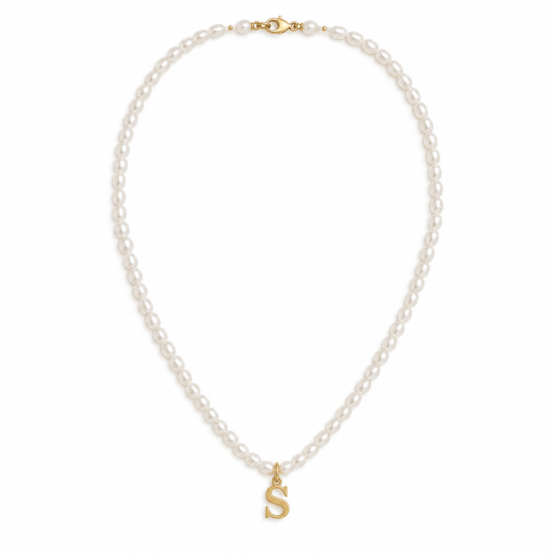 گردنبند زنانه طلا ۱۸ عیار حرف S با مروارید پرورشی لونار گلد گالری