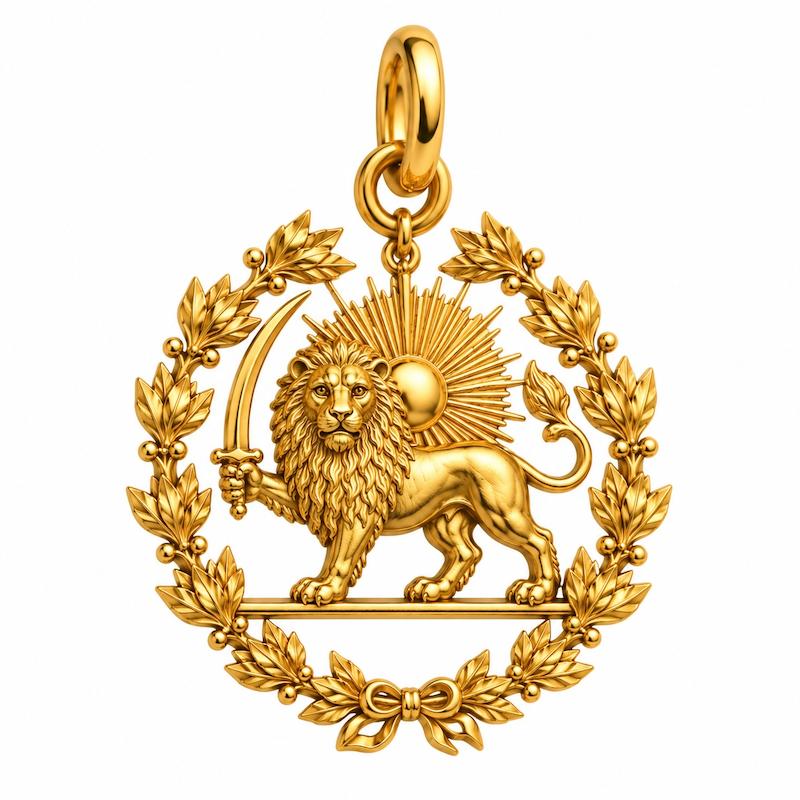 آویز طلا ۱۸ عیار مدال شیر و خورشید با آبکاری زیر خاکی گالری زرنوش