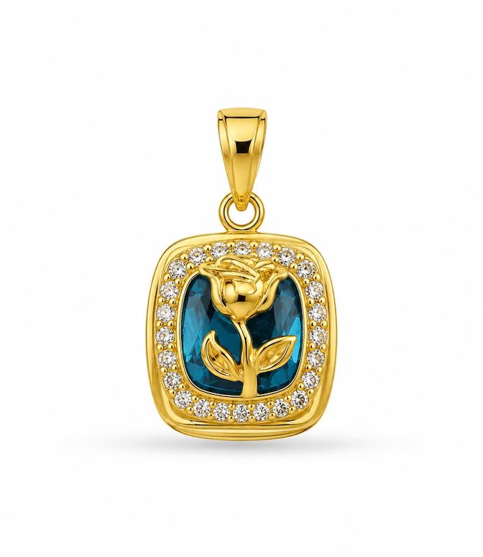 آویز زنانه طلا ۱۸ عیار پلاک سواروسکی گل آبی گالری طلای کایا