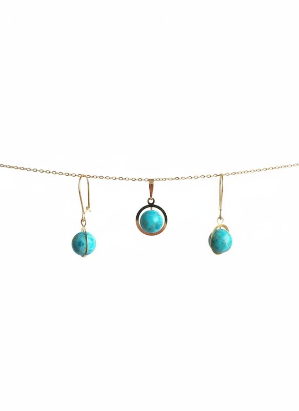 سرویس زنانه طلا ۱۸ عیار نیم ست سنگ فیروزه با گوشواره عصایی گالری شمش طلا