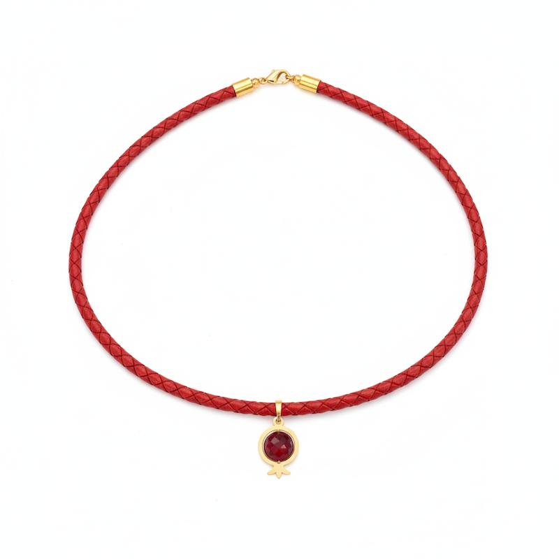 گردنبند زنانه طلا ۱۸ عیار طوق چوکر انار قرمز با بند چرم طبیعی گالری شمش طلا