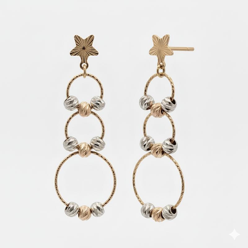 گوشواره زنانه طلا ۱۸ عیار آلبرنادو ستاره ای توپی سه حلقه ای گالری طلای شریف