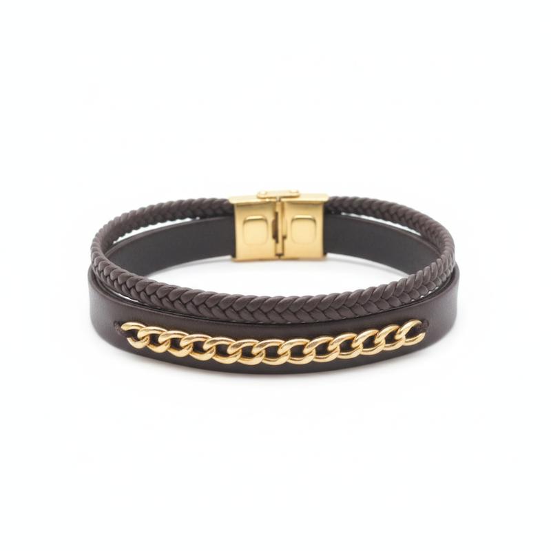 دستبند مردانه طلا ۱۸ عیار زنجیر کارتیه روی چرم طبیعی گالری شمش طلا