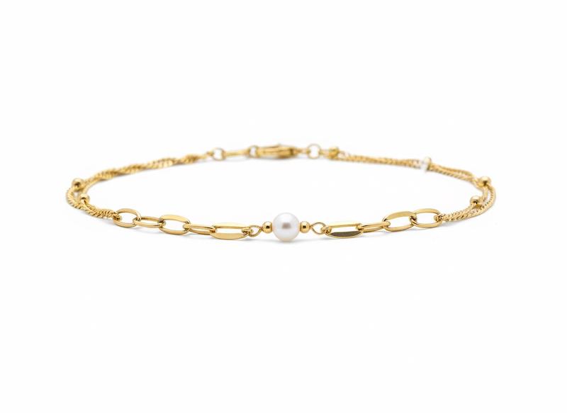 دستبند زنانه طلا ۱۸ عیار دستبند مرواریدی و گوی دار ۸طلایی