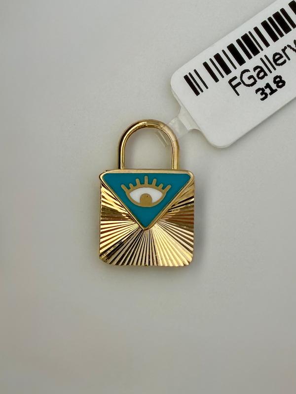 آویز زنانه طلا ۱۸ عیار آویز چشم نظر طرح قفل اف گالری