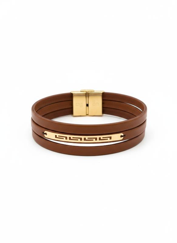 دستبند مردانه طلا ۱۸ عیار ورساچه روی چرم طبیعی گالری شمش طلا