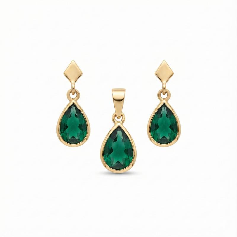 زنانه نیم ست طلا ۱۸ عیار مارکو اشکی سبز با گوشواره میخی گالری شمش طلا