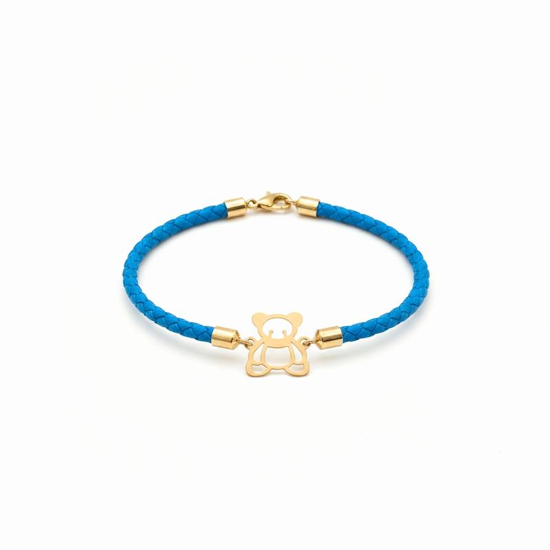 دستبند بچگانه طلا ۱۸ عیار خرس با بند چرم طبیعی استاندارد کودک گالری شمش طلا