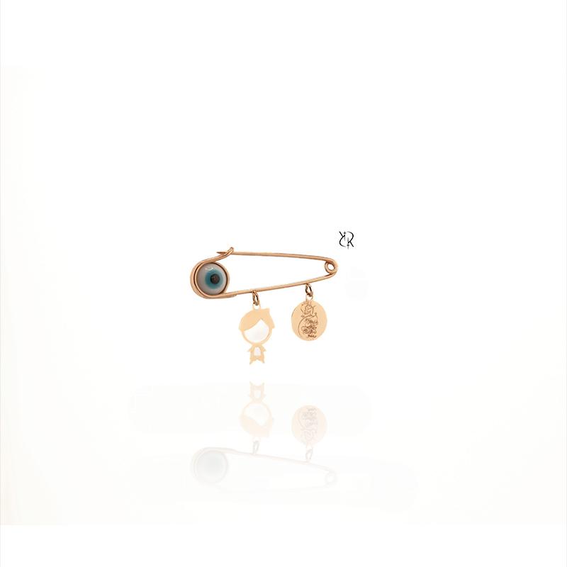 بچگانه طلا ۱۸ عیار سنجاق طلا آویزپسر و وان یکاد و چشم نظر سفید گالــری طلا رابــونـل