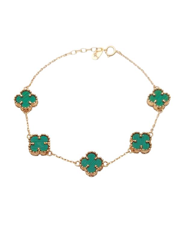 دستبند زنانه طلا ۱۸ عیار دستبند پنج گل ونکلیف با سنگ مالاکیت سبز گالری طلای دانژه