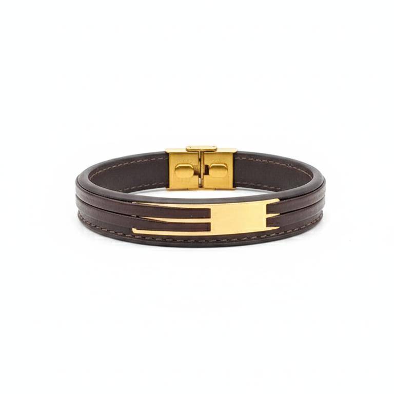 دستبند مردانه طلا ۱۸ عیار پلاک روی چرم طبیعی گالری شمش طلا