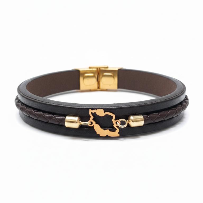 دستبند مردانه طلا ۱۸ عیار ایران روی چرم طبیعی گالری شمش طلا