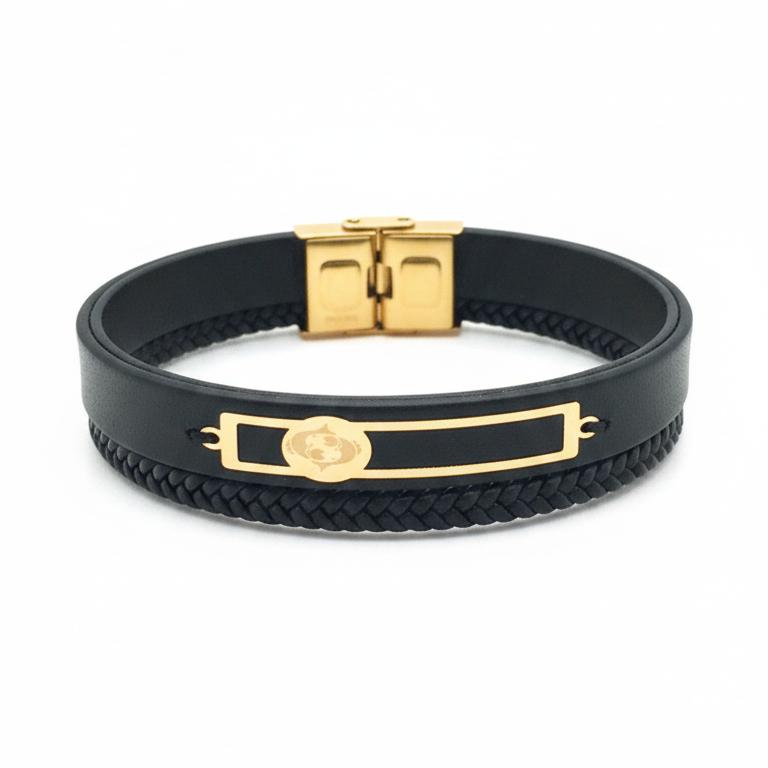 دستبند مردانه طلا ۱۸ عیار نماد ماه اسفند مستطیل روی چرم طبیعی گالری شمش طلا