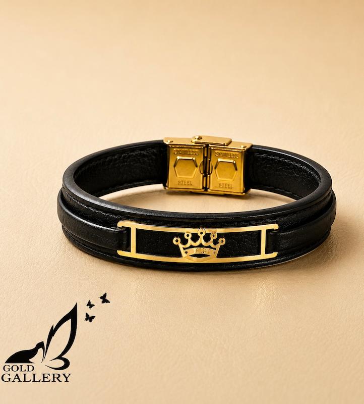 دستبند مردانه طلا ۱۸ عیار دستبند چرم مردانه طرح تاج گالری الهه گلد