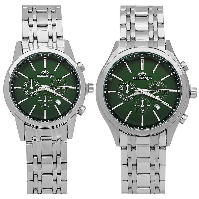 ست ساعت مچی الگانس بند سیلور صفحه صفحه سبز دور مشکی