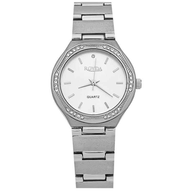 ساعت زنانه رویدا صفحه سفید بند استیل سیلور نگین دار