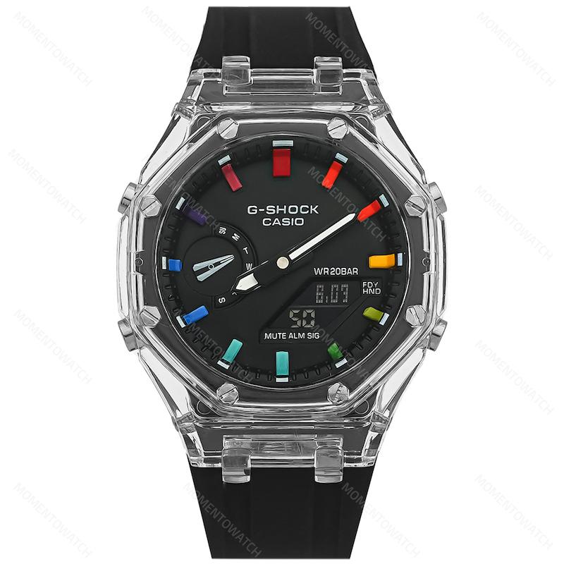 ساعت مچی کاسیو جیشاک شفاف مشکی خط هفت رنگی