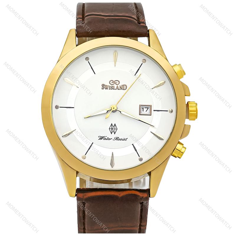 ساعت مچی ست بند چرمی قهوه ای سوییس لند صفحه سفید 