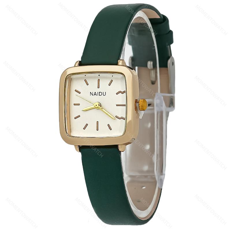ساعت مچی زنانه بند چرمی نایدو بند سبز تیره صفحه سفید
