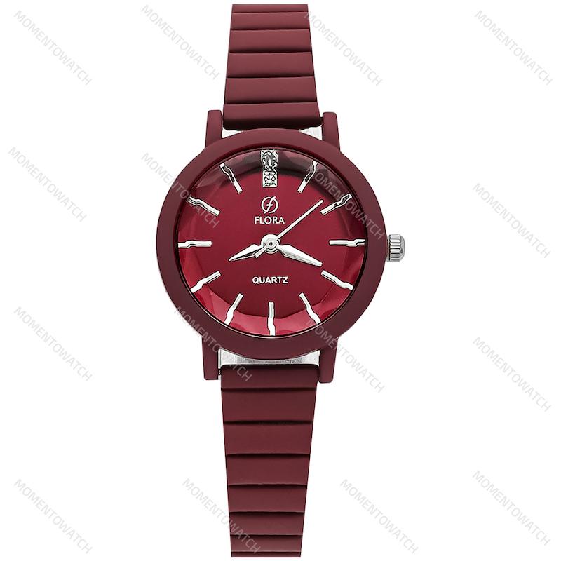 ساعت مچی زنانه فلورا بند کرکره ای زرشکی صفحه الماسی